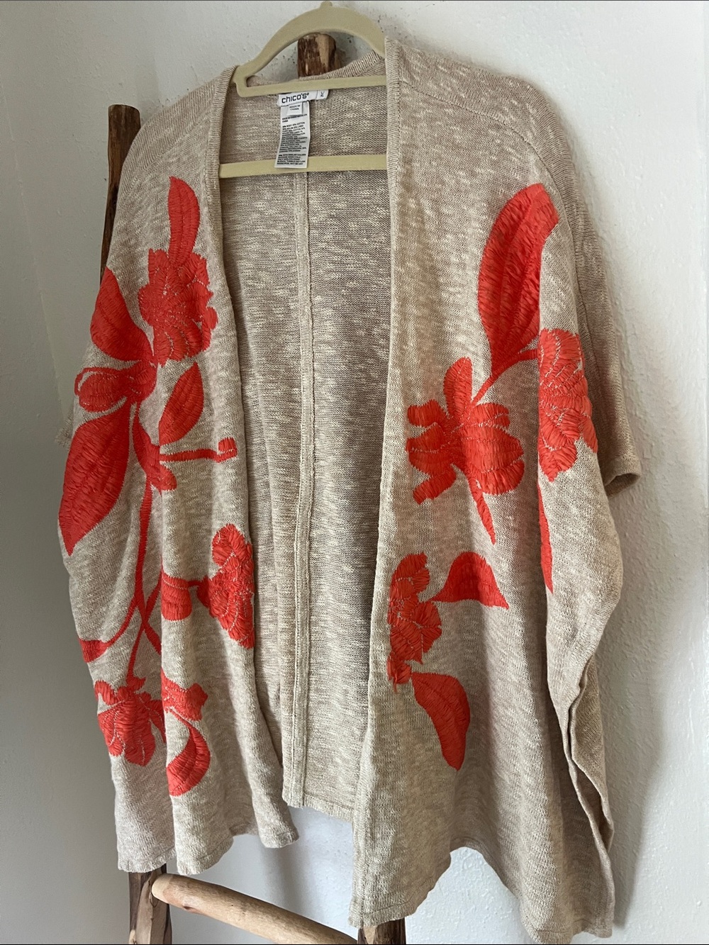 Chico's Beige Open-Front Cotton Knit Cardigan Bright Coral Floral Embroidery XL - Picture 8 of 8